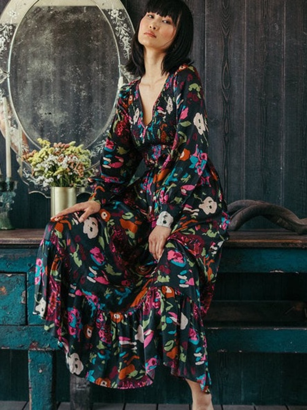 Cleobella Juliette Ankle Dress Garden Floral Sz XS Smocked
